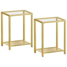 후브로 사이드 테이블 2개 세트 2단 엔드 테이블 좁은 공간을 위한 나이트 스탠드 강화 유리 침대 옆 모던 메탈 프레임 사무실 침실 거실 서재 골드 GD76BZP20, 2, Gold