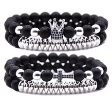 HYHON 온EY3세트마이크로페이브지르콘크라운킹참8mm비즈팔찌남성여성용커플팔찌내추럴블랙매트오닉스스톤적철광비즈탄성조절가능 단일사이즈 스톤 지르콘140136