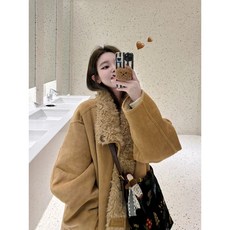 兩面穿羊羔毛外套 麂皮絨毛毛皮草大衣 冬季加厚寬鬆外套, 1個, 芝士流沙两穿皮毛一体,L