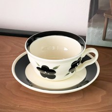 復古陶瓷咖啡杯碟套裝，小眾創意下午茶水杯附托盤, 黑色花,約250ml, 1個