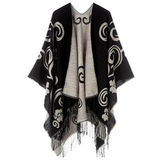 Oulivey 여성용 숄 랩 오버사이즈 오픈 프론트 판초 케이프 스웨터 캐주얼 가을 겨울 카디건 숄 카키 태슬 M 180505, 블랙 태슬