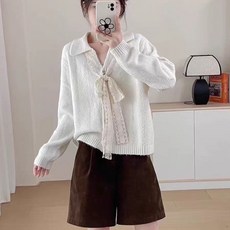 투니스 여성 무드 폴로넥 리본 긴소매 니트 가디건