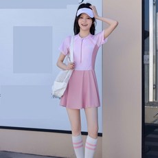 青少年女生初高中生胖妹游泳衣女大童保守遮肚泳裝, 粉紅色 滌綸面料