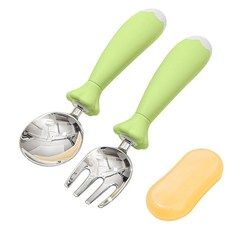 KINGSTONE 케이스 포함 유아용 식기 실리콘 손잡이가 달린 아동용 실버웨어 세트 1810 스테인리스 스틸 안전 포크 및 스푼 여행용 휴대용 케이스 BPA 프리 식기세척기, 초록색