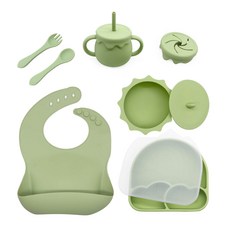 이유식기세트 - 턱받이 + 흡착 식판 + 흡착 그릇 + 스푼 + 포크 + 물컵 + 선물포장, 햇님 그린, 1세트, 부들부들