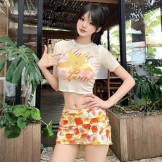 純欲風四件套泳衣女辣妹修身款大學生海島風度假泳裝, 橙色, 軟杯無鋼託