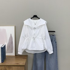 행복여 프린 후드 허리 스트링 하프 기장 바람막이 집업