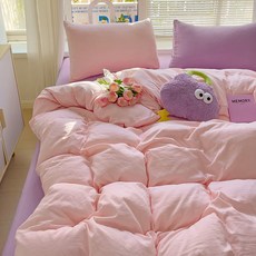 1급 믹스매치 단색 워시드 면 4종 세트 초부드러운 구름 면 기숙사 3종 세트 4종 세트, 카테고리 A - 믹스 앤 매치 - 핑크와 퍼플, 0.9m 침대 시트 3종 세트(이불커버 1.5x2m)