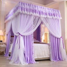 新款公主風床幔三開門遮光床簾四季通用落地蚊帳家用全封閉防塵頂, 綠小格（布簾+蚊帳 ）無支架,1.5米寬 2.0米長