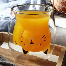 台灣出貨 雙層透明玻璃果汁杯 可愛卡通招財貓杯 家用隔熱咖啡牛奶早餐貓爪杯, 招財貓,250毫升