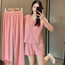 데일리 가슴패드 내장 반팔 상의 반바지 긴바지 3종 세트 잠옷