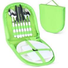 캠핑 은식기 세트 케이스 포함 피크닉 커틀러리 키트 메스 11개 2인용 흰색 접시 숟가락 및 톱니날 칼 포크, 캠핑 은식기 세트 케이스 포함 피크닉 커틀러리 키트 메