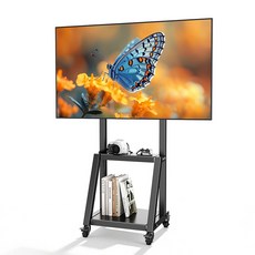 32-50인치 TV용 이동식 TV 스탠드 바퀴 달린 TV 카트 높이 조절 가능 헤비 듀티 바닥형 휴대용 TV 스탠드 선반, 검정색
