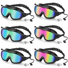 Kanayu 6피스 수영 고글 성인용 와이드 뷰 누출 방지 김 서림 이어플러그 노즈 클립 포함 성인 남성 여성용 (컬러풀 그린 골드 컬러풀 핑크)149139, 컬러풀 그린 골드, 컬러풀 핑크