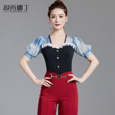 라인 댄스 상의 스포츠댄스복 라틴 공연의상 쉬폰 퍼프소매 시스루 스판 셔링 스퀘어넥 프릴