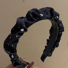 DFMEI 高顱頂滿天星訂鑽髮箍女氣質髮飾法式復古大腸褶皺頭箍褶皺設計, 1個, 黑色水鑽【髮箍】:如圖