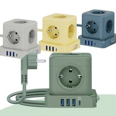 모아 CM04 큐브멀티탭 전선형 콘센트(5구/C타입/USB) 멀티콘센트 전원스위치 보호회로 안전접지 예쁜디자인 고용량 SF코팅 가정용 여행용 다용도 고속충전, 1개, 블루, 1.8m