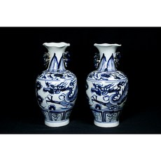 《博古珍藏》元 青花雲龍紋花口瓶一對 早期收藏 老件文物瓷器