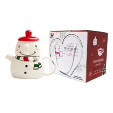MorningSea 가정용 크리스마스 귀여운 눈사람 도자기 차 주전자 세트, 레드, 1세트