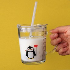 刻度玻璃牛奶杯 小恐龍圖案 附蓋吸管, 企鵝 蓋 矽膠吸管, 1套, 400L