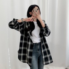 티데일리 오버핏 블랙홀 박시핏 체크 후드 남방 셔츠