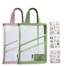 손잡이 파일가방 A4 책 학습지 학용품 보조가방 1+1 (꾸미기스티커 포함), 핑크+그린, 1세트