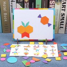 磁力七巧板 益智拼圖 木製積木 幾何積木, 1個, 收納袋裝62片+1磁闆+蔘考圖