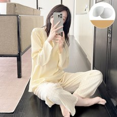 여성 겨울잠옷 세트 여자 긴팔 긴바지 세트 겨울 심플 홈웨어, 크림색, M