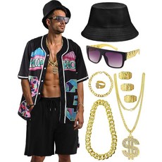 WILDPARTY 80년대 90년대 남성용 의상 힙합 코스튬 버튼업 블라우스 상의 디스코 레트로 테마 파티 의상 하와이안 빈티지 블랙.