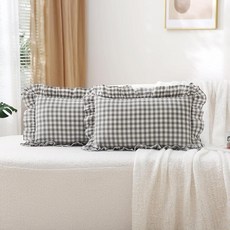 K MASANIJI 라이트 블루 화이트 격자무늬 러플 깅엄 침구 바디 필로우 커버 100% 면 체크 무늬 빈티지 농가 장식 침대 베개 샴 봉투 클로저 - 50.8cm x 13