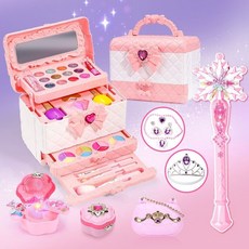 瀾錦書捨 女孩兒童化妝品套裝 無毒彩妝盒 3-9歲 女童公主 生日新年禮物, 【新款公主手提箱】+魔法棒7件套+音樂盒, 1個