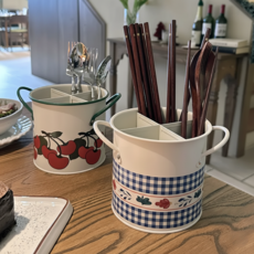 레트로 감성 4구 물빠짐 수저통 수저꽂이, 1개, 블루 체크