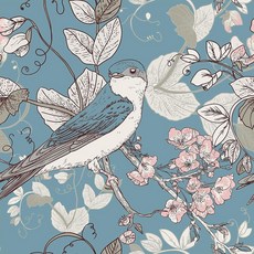 VaryFLORAL 플로랄 파랑새 꽃 벽지 벚꽃 벗겨서 붙이는 빈티지 새 가지 접촉지 캐비닛용 탈착식 장식 벽 종이 침실 거실용 45 x 398.8cm(17.7 158인, Blue