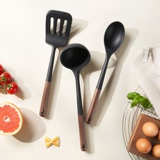 파르셀 프리미엄 실리콘 조리도구 키친툴 세트 월넛 우드핸들, 1세트, 블랙, 조리도구 3종
