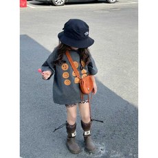 女童長款T恤 韓版洋氣笑臉寬鬆中長款百搭上衣