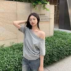 투니스 여성 오프숄더 단색 캐주얼 반소매 티셔츠
