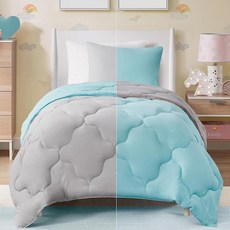 Comfort Spaces Vixie 양면 거위 털 얼터너티브 이불 미니 세트, 아쿠아/라이트 그레이
