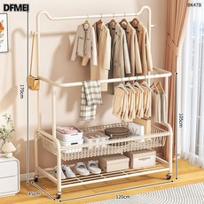 DFMEI 貓耳雙杆掛衣架家用落地款衣服包包收納架可移動帶置物秋冬衣帽架, 120cm奶白色-貓頭平架