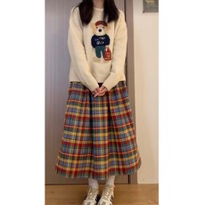 복고풍 체크 모직 반바지 가을 겨울 대학 스타일 작은 키 하이웨이스트 중간 길이 주름 우산 치마