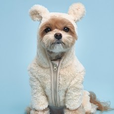 SUPER PET 小熊造型寵物絨毛連帽連身衣, 米色