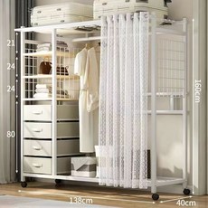 簡易組裝金屬衣櫃，臥室收納、出租房適用，結實耐用經濟型衣櫥, 【138CM】白色帶紗簾-3A碳素鋼