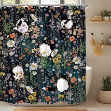 LGhtyro 재미있는 개구리 샤워 커튼 욕실 세트 너비 183.5cm x 높이 180.3cm 만화 그린 우드 연못 식물 귀여운 동물 놀이 꽃 새 나비 목욕 액세서리 내추럴 아