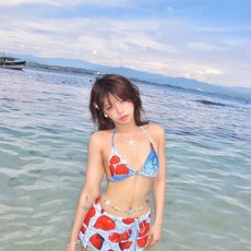 番茄氣泡少女甜妹性感辣妹分體純欲印花海邊沙灘三件套比基尼泳衣, 印花,m