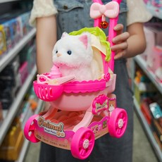 兒童仿真手推車 兔子毛絨玩具玩偶 過家家購物車玩具 8件套組, 1個, 【豪華萌寵手推車】貓咪,電池版