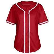 여성용 야구 저지 셔츠 버튼 다운 블랭크 소프트볼 반소매 힙합 액티브 힙스터 셔츠 블루 & 핑크 오렌지 프린트, X-Small, 레드