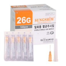 성심메디케어 일회용 멸균 주사침 26G 13mm 100ps 병원 의료용 니들 개별포장 피부과 여드름 성장 바늘, 1박스, 26GX13mm