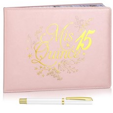 MotiMind Quinceanera 방명록 펜 포함 27.9 x 20.3cm(11 8인치) Libro De Firmas Para 15 Anos 가죽 하드커버 시그니처 북 게스, 핑크, 달콤함