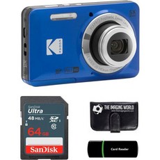코닥 픽스프로 FZ55 블루 16MP 디지털 카메라 5X 광학 줌 28mm 광각 1080P 풀 HD 비디오 2.7인치 LCD + 64GB 카드 및 리더 메모리 지갑, 코닥 픽스프로 FZ55 블루 16MP 디지털 카메라 5
