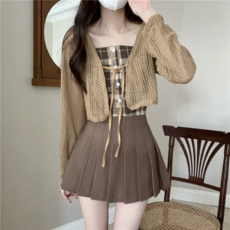 여름 여성투피스 여성세트 가디건 + 나시 + 스커트 미니스커트 반팔 티셔츠 ZBW26022676 38