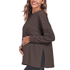 Ecavus 여성용 캐주얼 임산부 셔츠 긴소매 부드럽고 편안한 임산부 티 탑 사이드 스플릿 임산부 의류 더스티 핑크. 404767